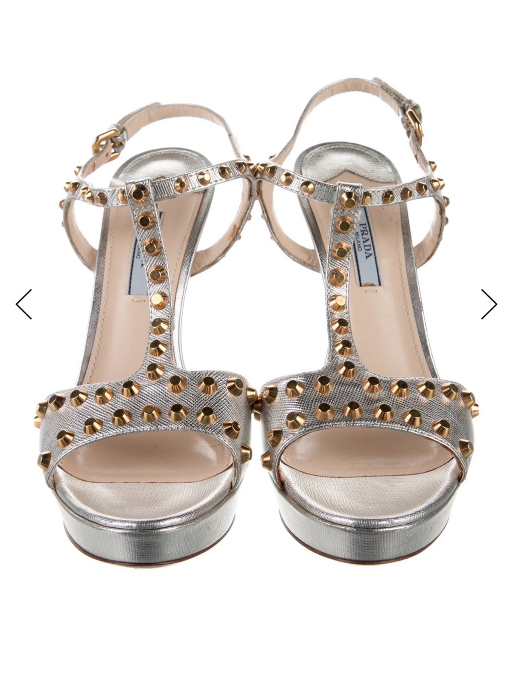 Prada Silver Metallic T-Strap Platform Sandals with Gold Studs